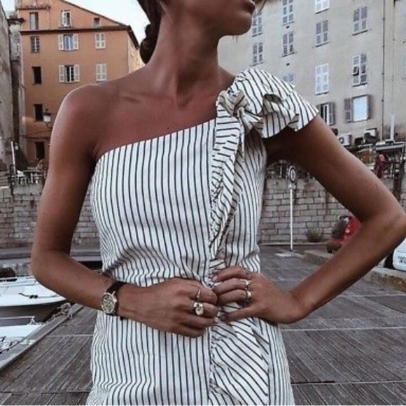 Zara Dresses & Skirts - ZARA Denimwear Stripe Ruffle One Shoulder Mini Dress NWT